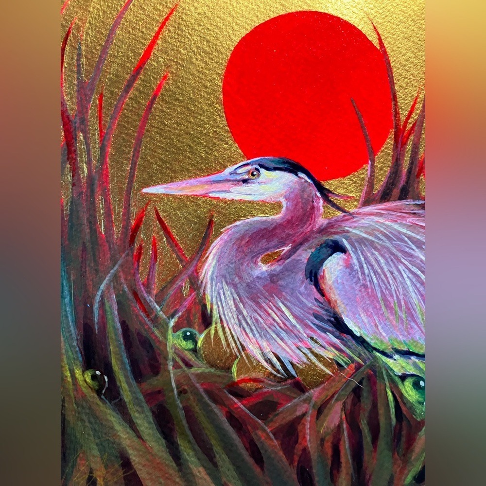 ORIGINAL blue Heron Painting Gold accents Mixed Media 2026 artettina Signed USA - Picture 5 of 8